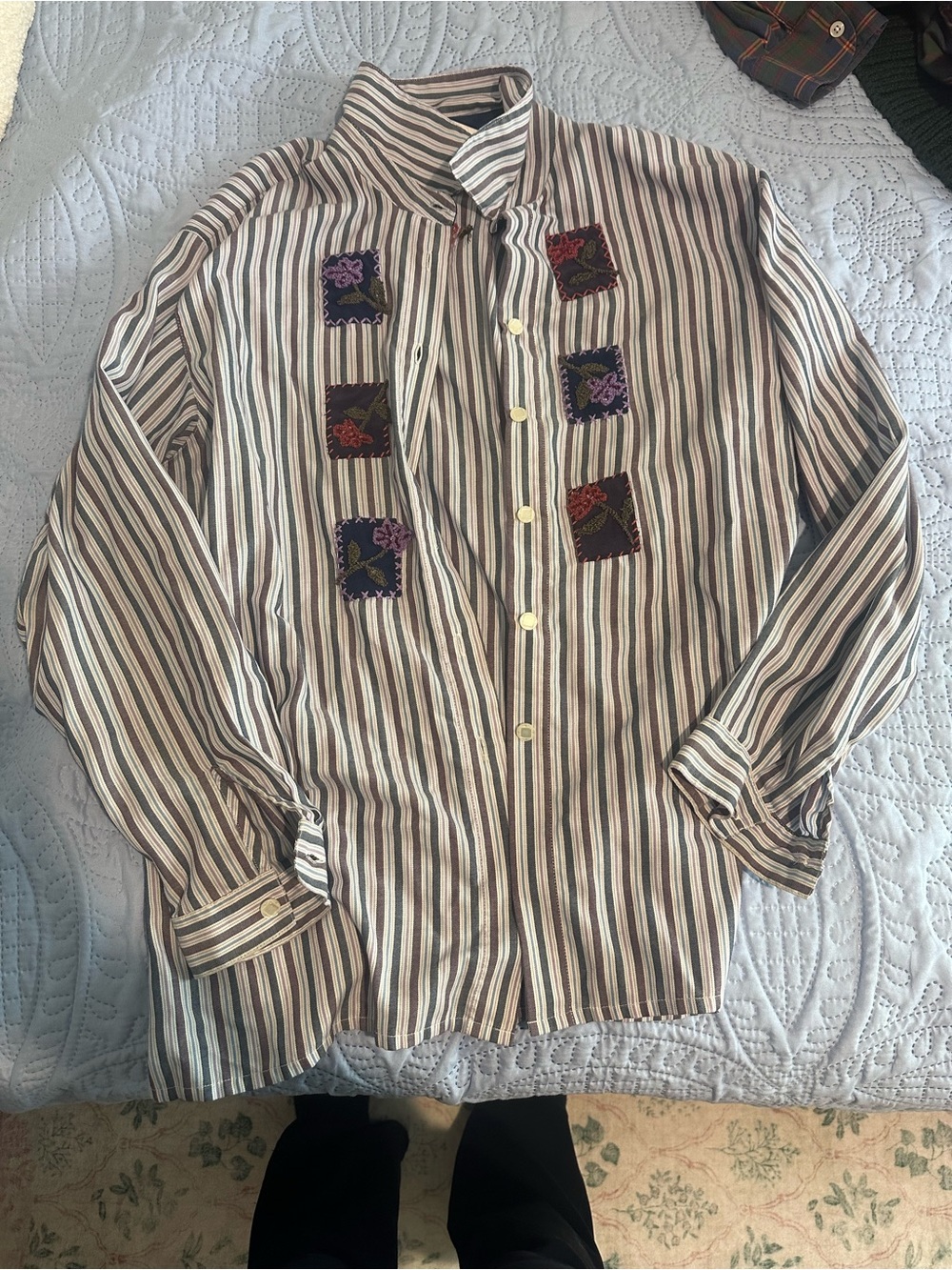 Striped Button-Up Shirt with Embroidered Patch Details - Beige/Brown